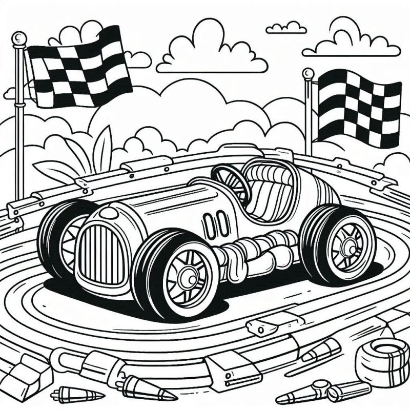 Desenho de um carro antigo de corrida em um circuito detalhado para colorir