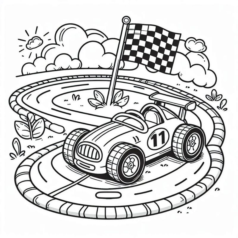 Desenho de Carro de Corrida na Pista para Colorir