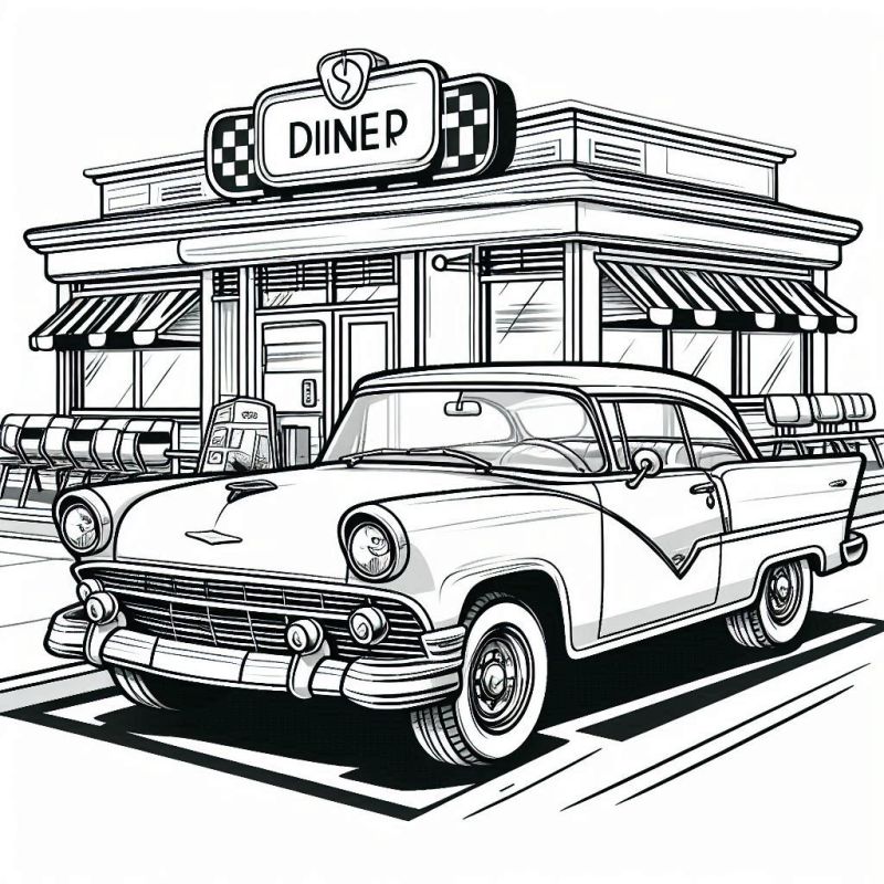 Desenho de Carro Antigo em Diner Americano para Colorir