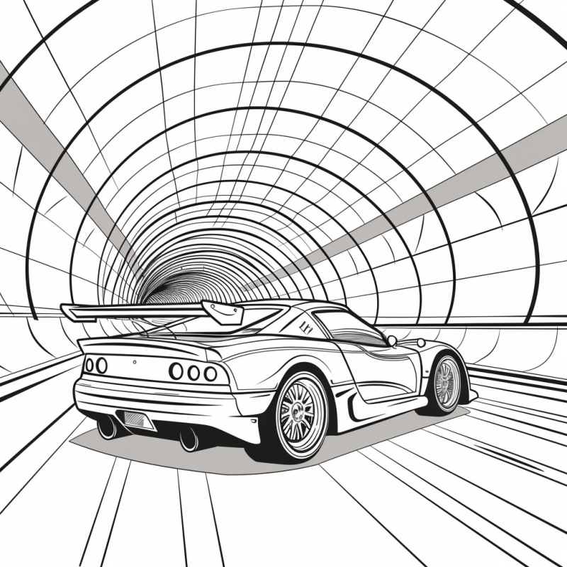 Desenho de carro esportivo rápido no túnel futurista para colorir