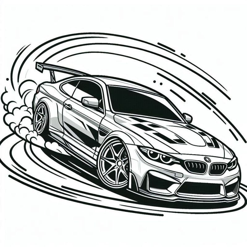 Desenho de carro esportivo em movimento dinâmico para colorir