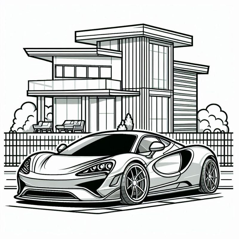 Desenho para colorir de carro esportivo moderno em frente a uma casa moderna