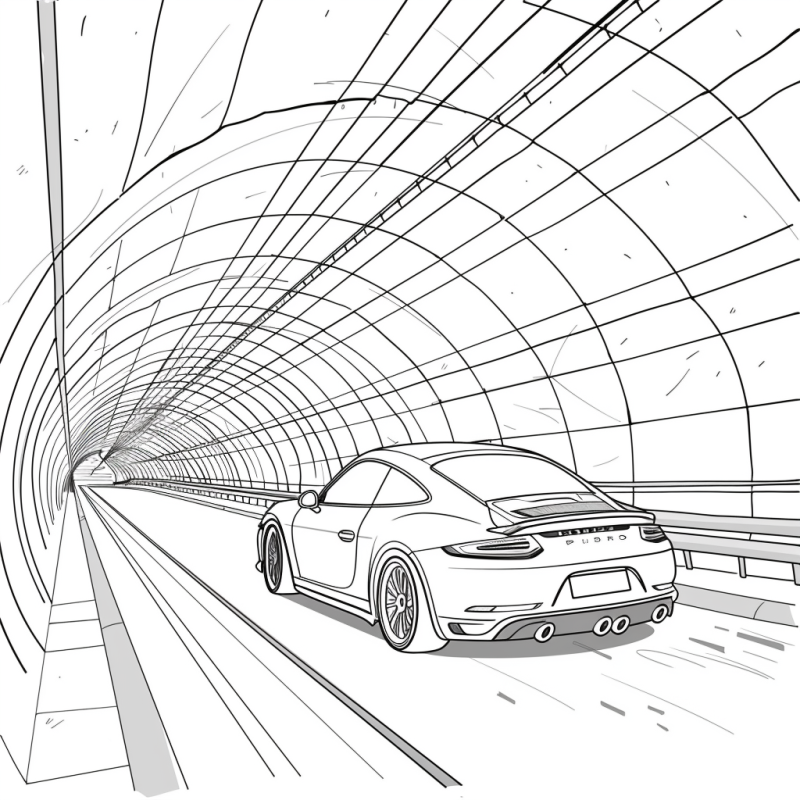 Desenho de carro esportivo no túnel para colorir