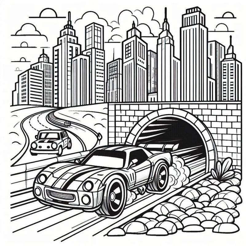 desenho para colorir de carro esportivo hot wheels saindo de um túnel