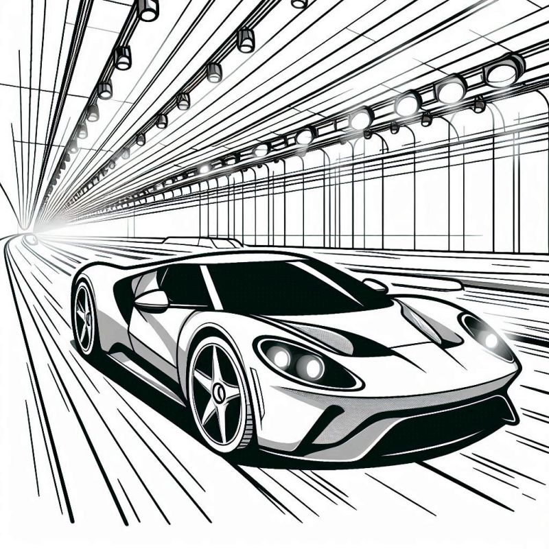 Desenho de carro esportivo moderno em um túnel para colorir