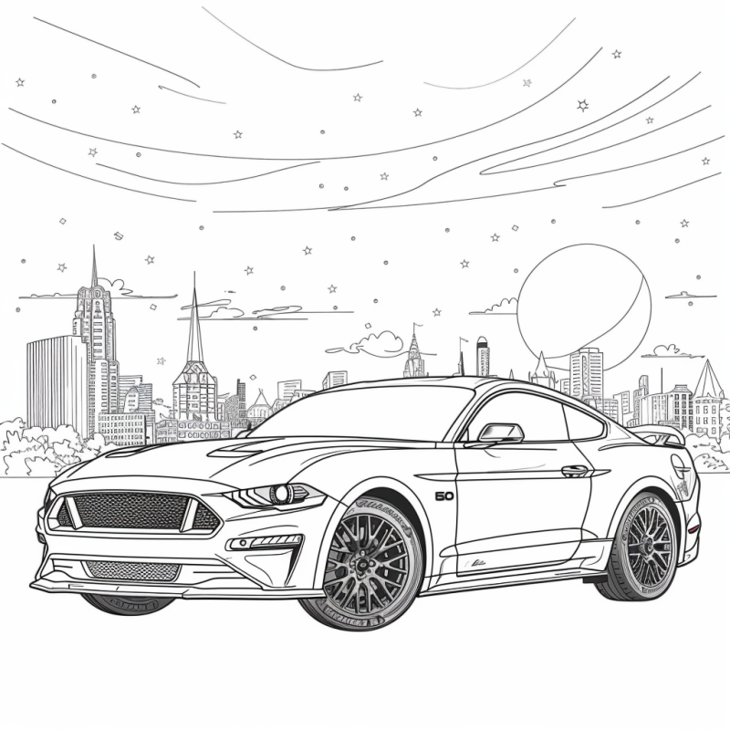 Desenho de carro esportivo com cenário urbano noturno para colorir