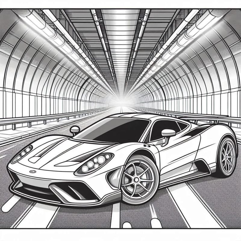 Desenho de Carro Esportivo em Túnel Futurista para Colorir