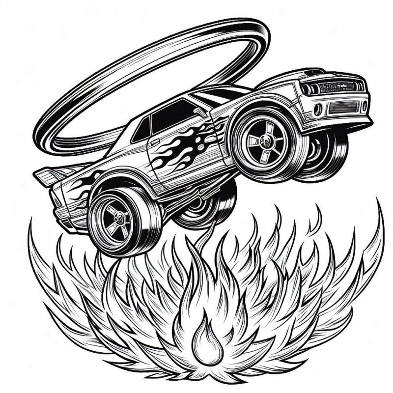 Desenho de carro Hot Wheels com chamas em acrobacia aérea para colorir