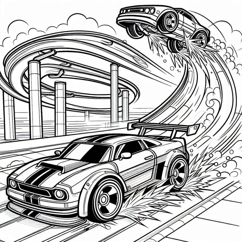 Desenho de Carros Hot Wheels em Pista de Acrobacias para Colorir