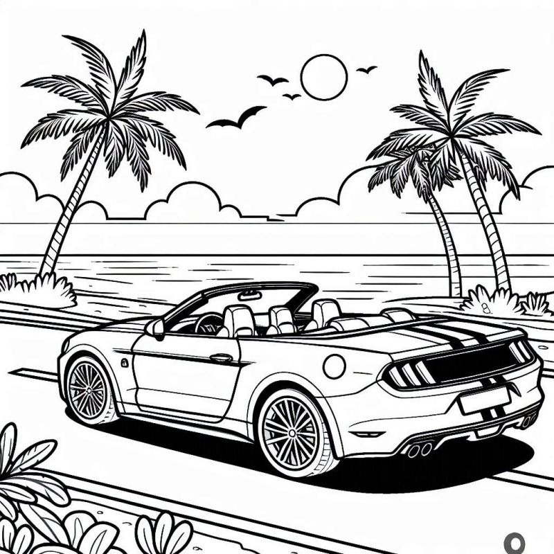 Desenho de carro conversível em uma praia para colorir