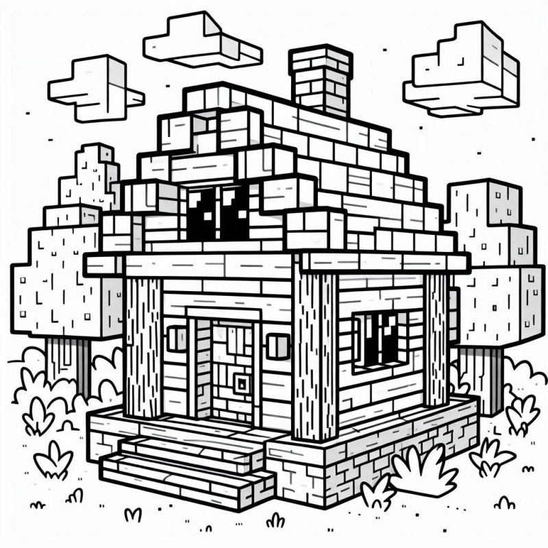 Desenho de Casa Minecraft Pixelada para Colorir