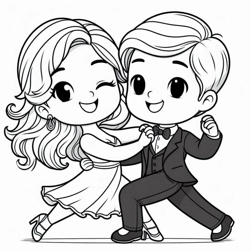 Desenho de casal chibi dançando para colorir