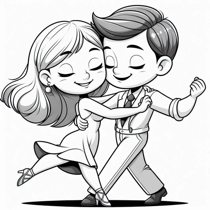 Desenho adorável de casal de dançarinos caricaturais envolvidos em dança