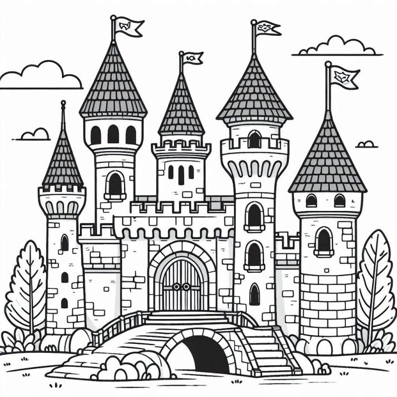 Desenho detalhado de castelo medieval com elementos arquitetônicos e decorativos para colorir