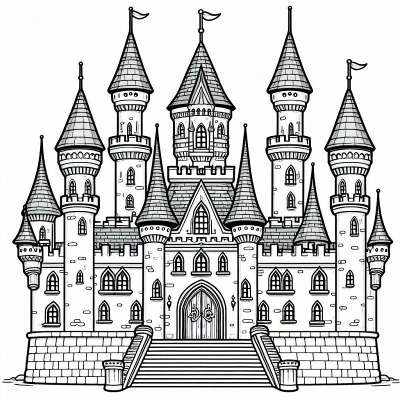 Desenho Detalhado de Castelo com Torres e Muralhas para Colorir