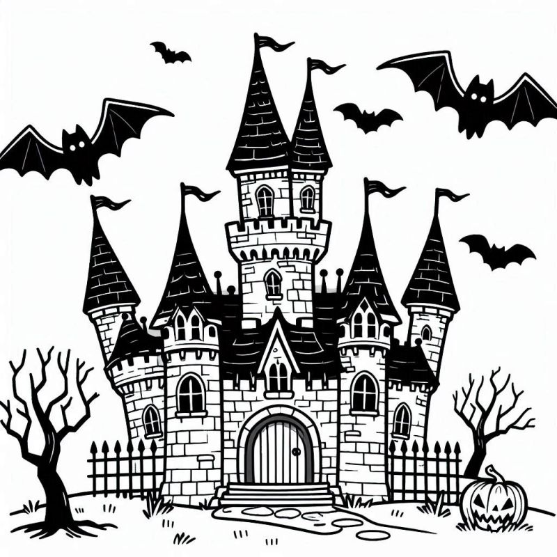 Desenho de um castelo medieval assustador com torres pontiagudas, morcegos e abóbora de Halloween para colorir