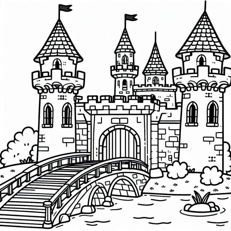 Desenho de castelo medieval clássico com torres, portão e ponte levadiça para colorir.