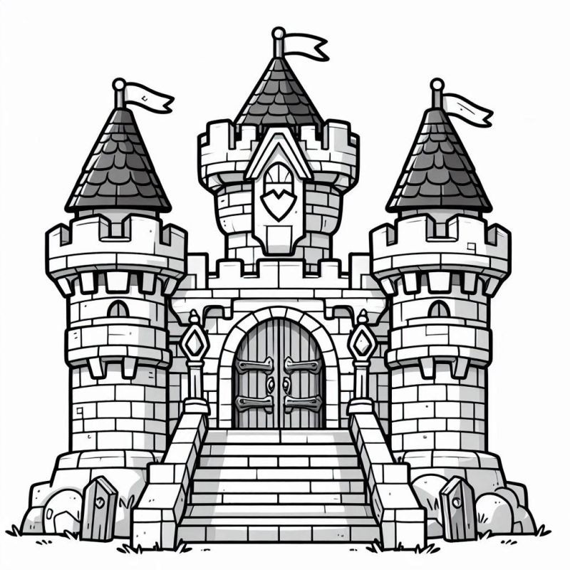 desenho de castelo medieval para colorir com torres, bandeiras e detalhes arquitetônicos