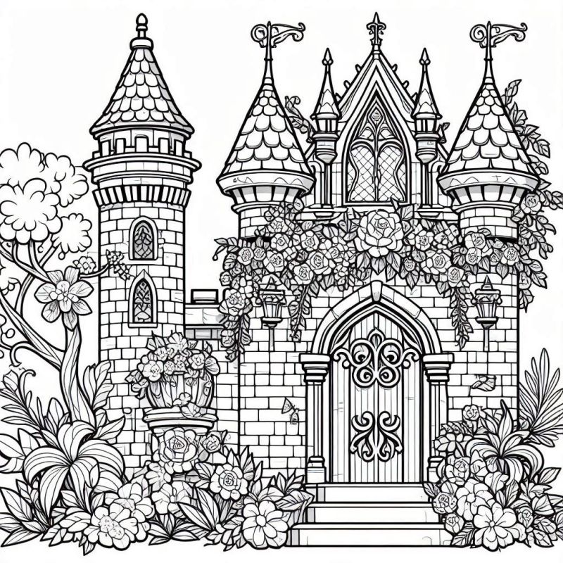 Desenho de castelo medieval com elementos fantasiosos para colorir