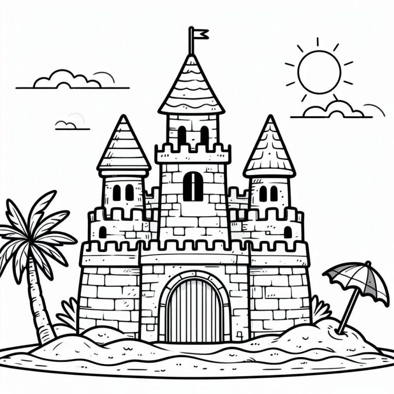 Desenho de um Castelo Medieval com Praia para Colorir