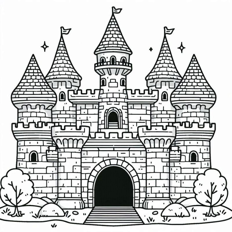 Desenho detalhado de um castelo medieval para colorir