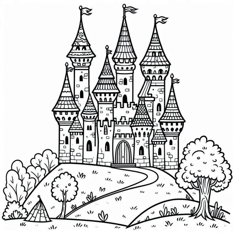 Desenho detalhado de um castelo em cenário natural para colorir