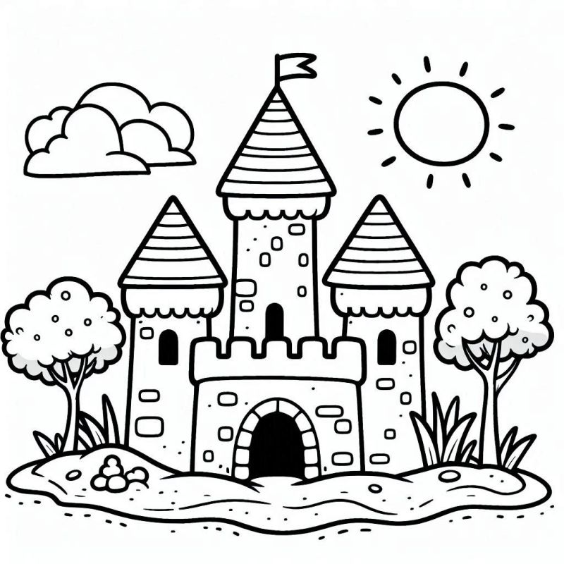 Desenho de Castelo Detalhado com Torres e Bandeira para Colorir