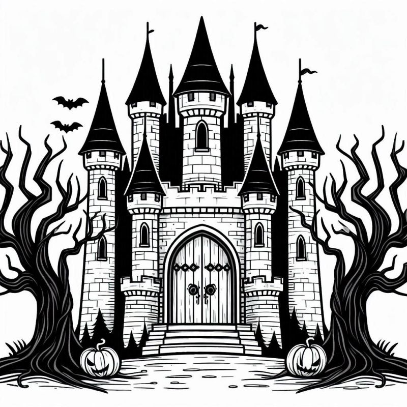 Desenho de castelo gótico medieval com elementos de Halloween para colorir