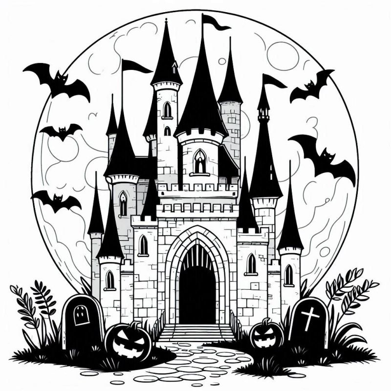 Desenho de castelo medieval mal-assombrado para colorir com elementos de Halloween