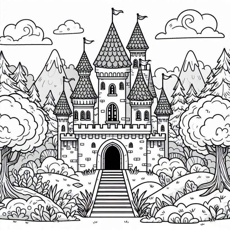 Desenho de Castelo Medieval Robusto e Detalhado para Colorir