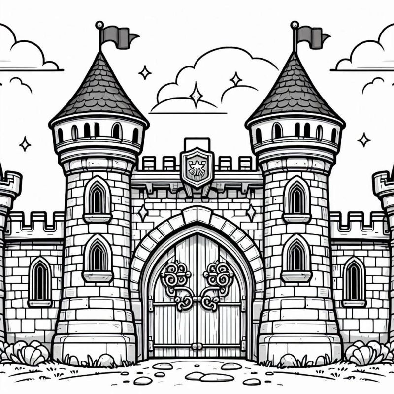 Desenho de Castelo Imponente com Duas Torres para Colorir