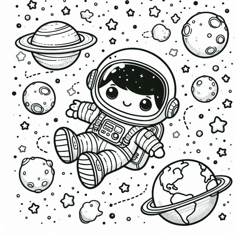 Desenho de um astronauta fofo flutuando no espaço para colorir