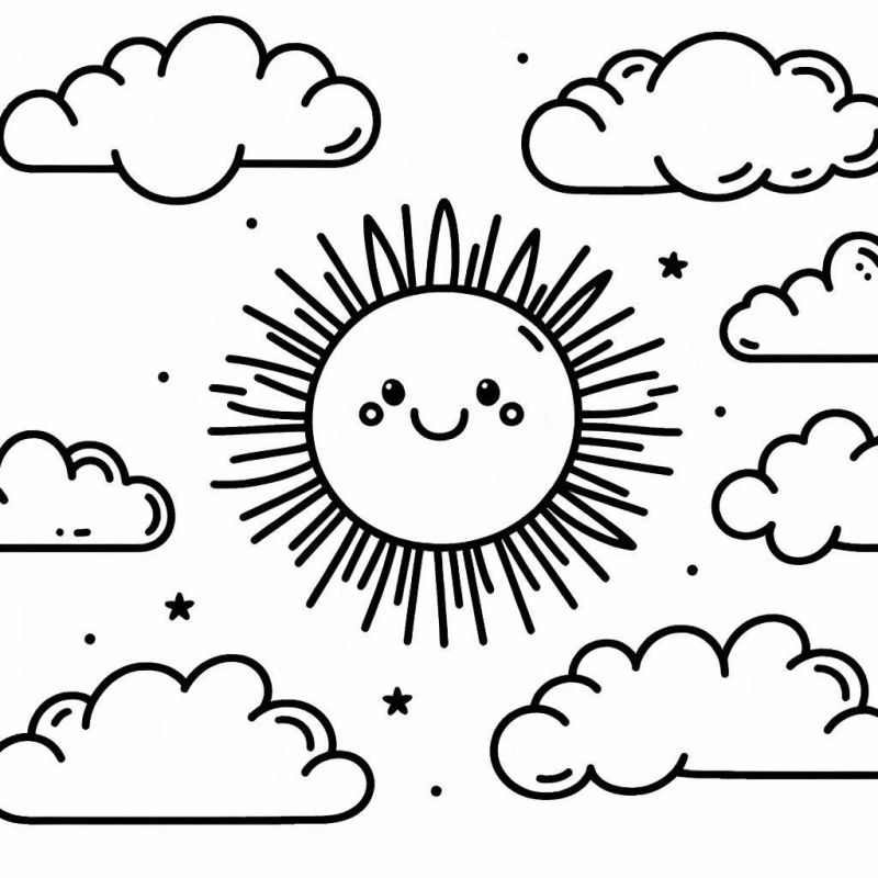 Desenho de um sol sorridente com nuvens para colorir