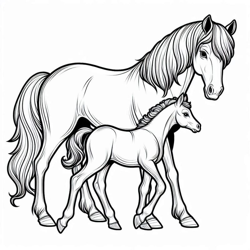 Desenho de Cavalo Adulto e Potro para Colorir