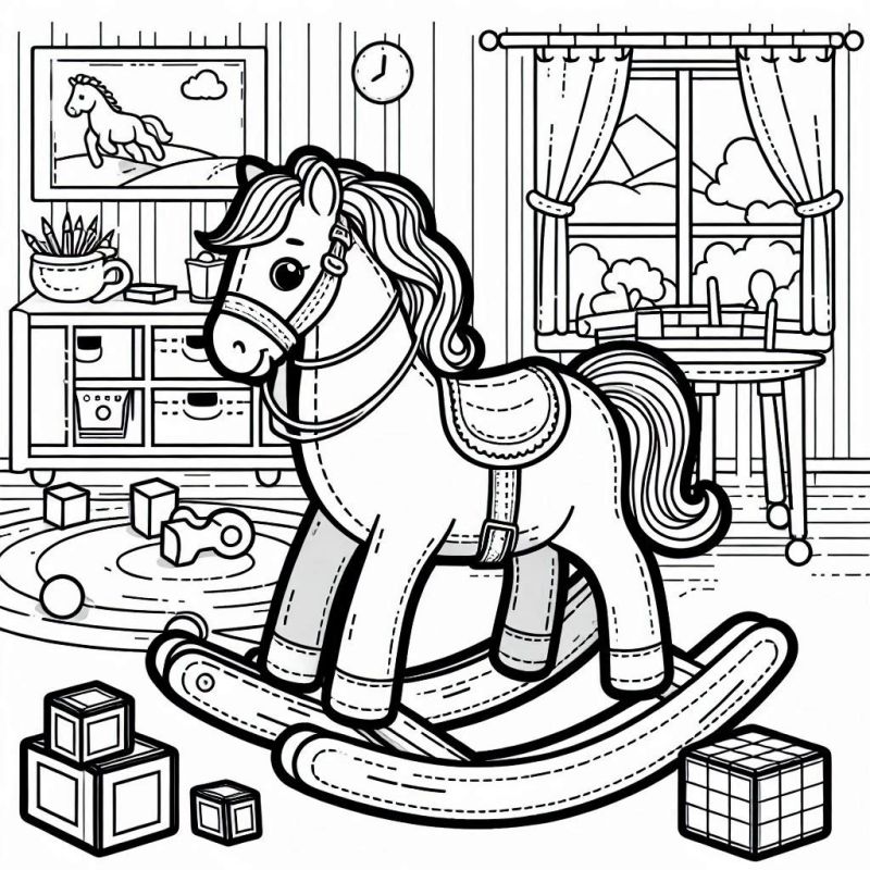 Desenho para Colorir: Cavalo de Balanço e Sala de Brinquedos