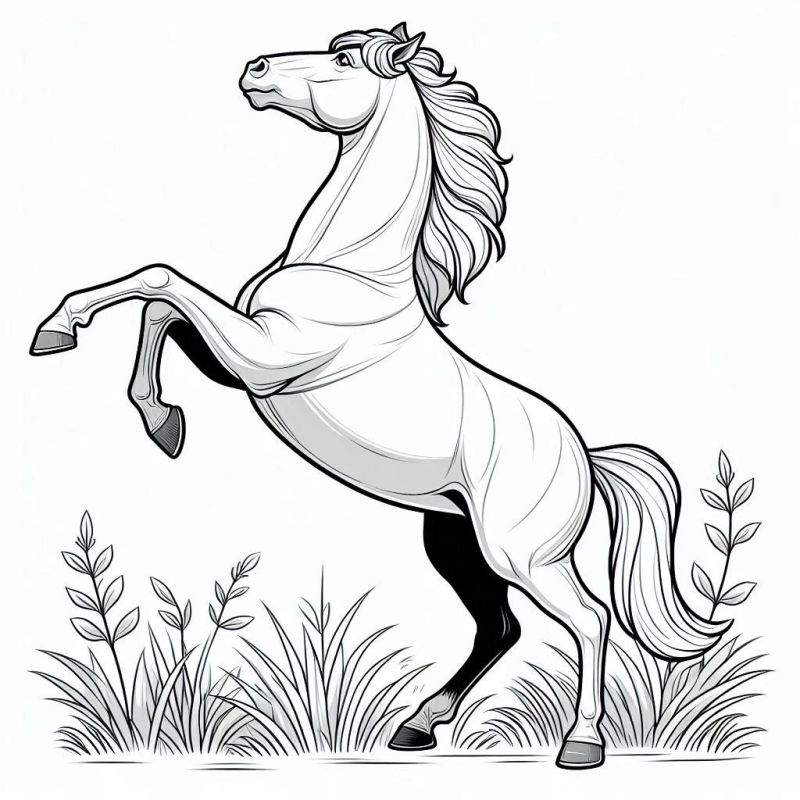 Desenho detalhado de cavalo empinado para colorir com vegetação ao redor