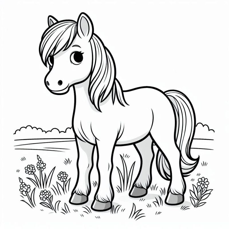 Desenho detalhado de um cavalo em um cenário natural para colorir