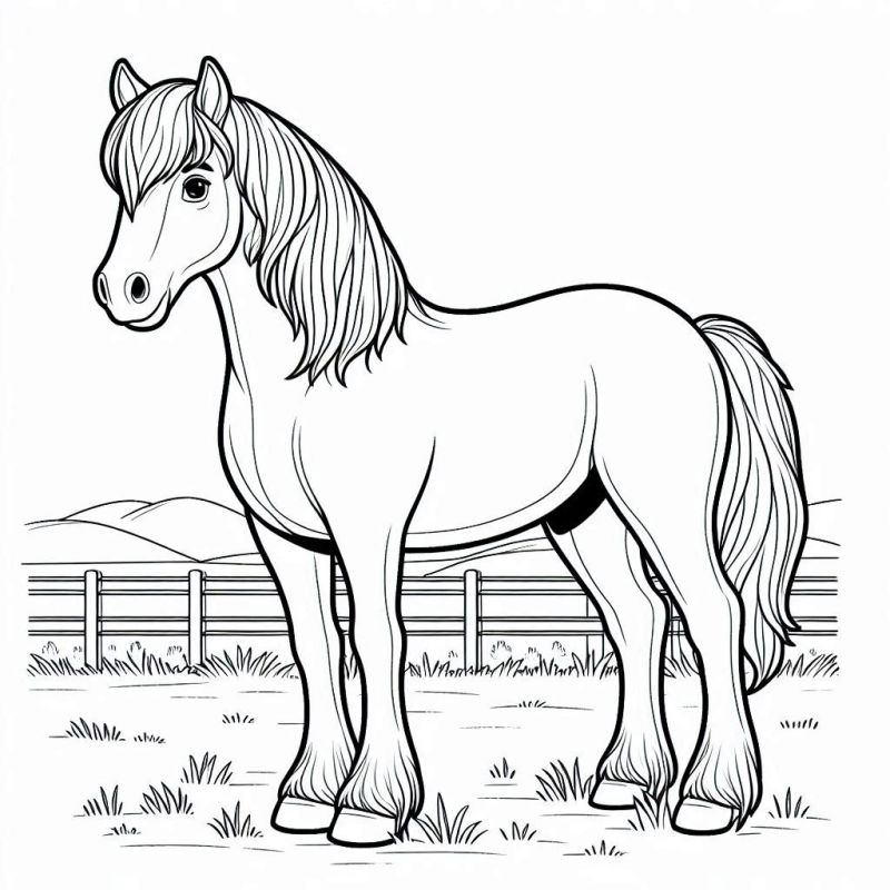 Desenho detalhado de cavalo para colorir com cenário de fundo