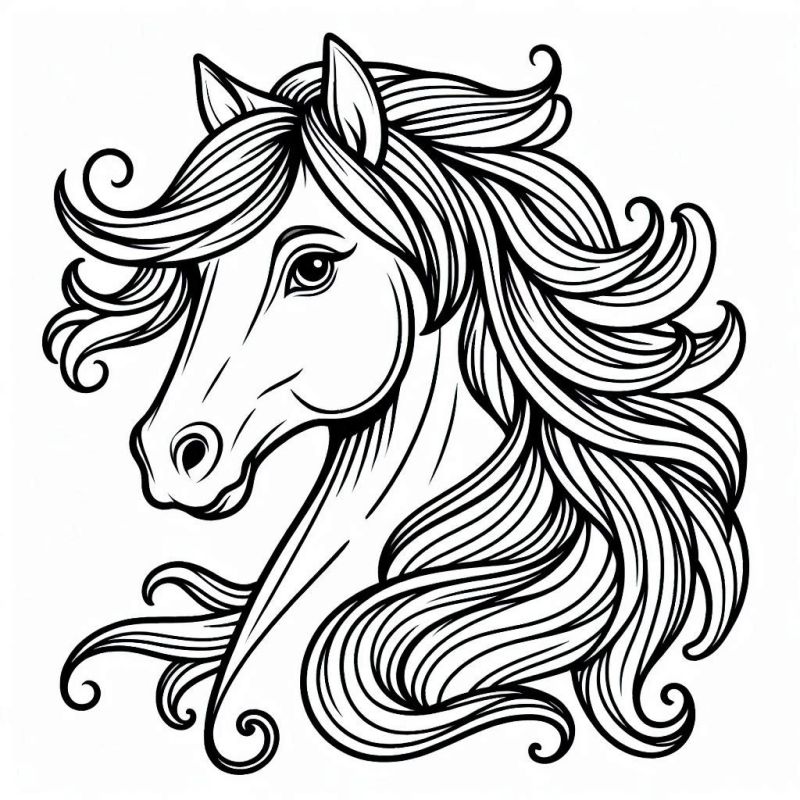 Desenho estilizado de cavalo para colorir, com crina em movimento e expressão atenta.