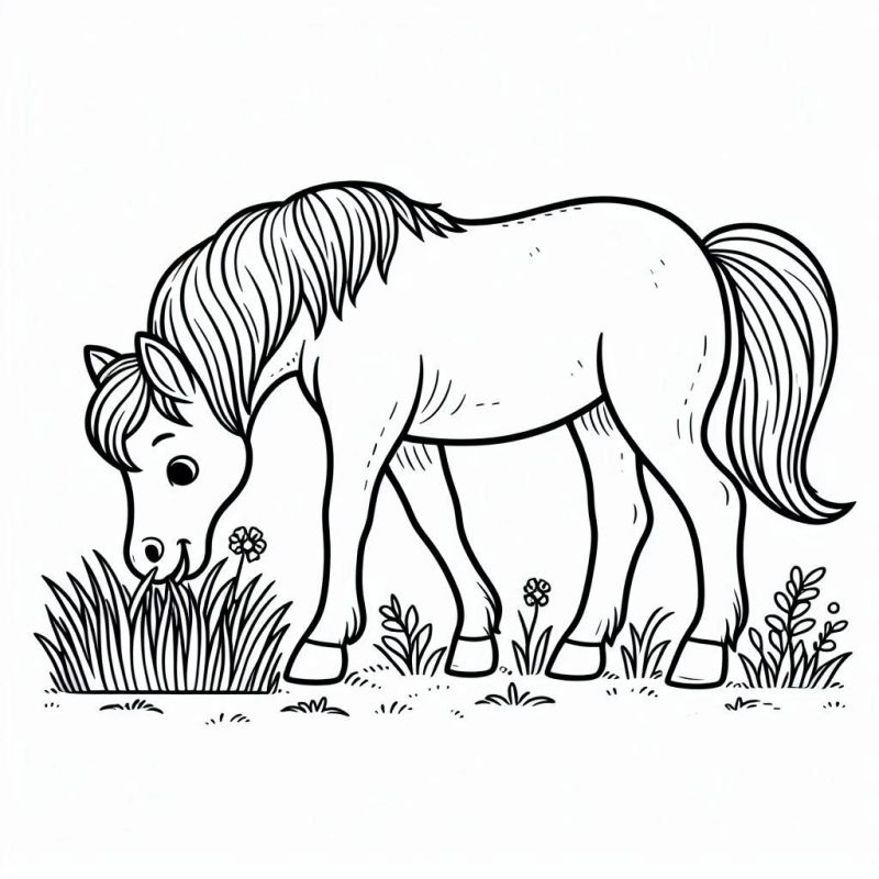 Desenho de cavalo pastando com crina ondulada para colorir