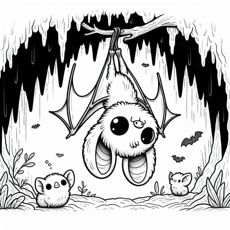 Desenho de morcegos em uma caverna de Halloween para colorir