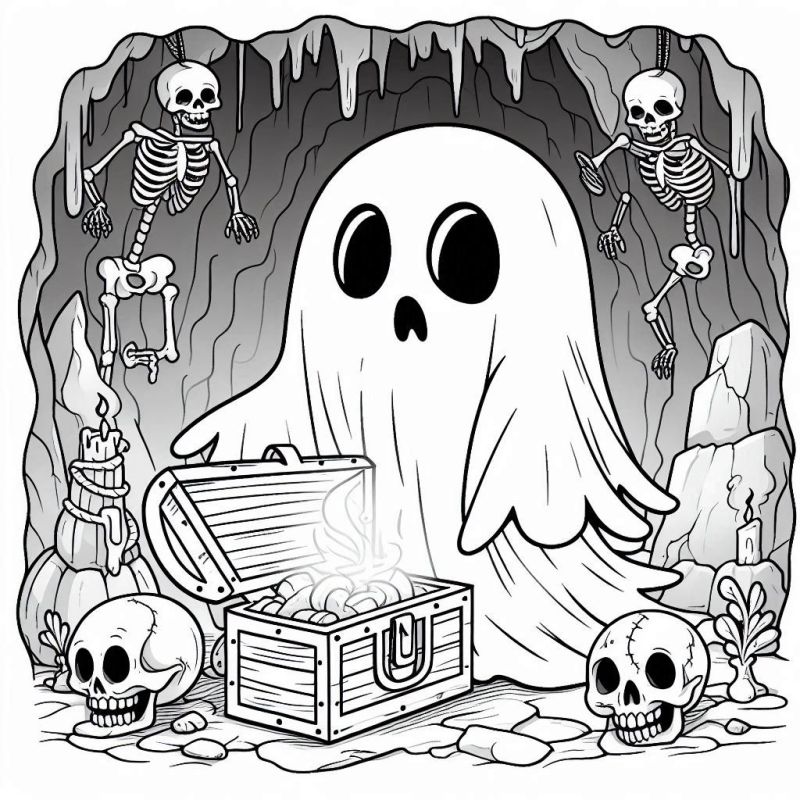 Desenho de caverna sombria com personagens de Halloween para colorir