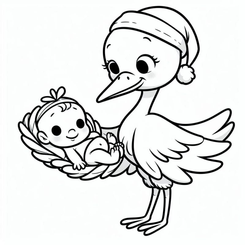 Desenho para Colorir: Cegonha com Bebê Adorável