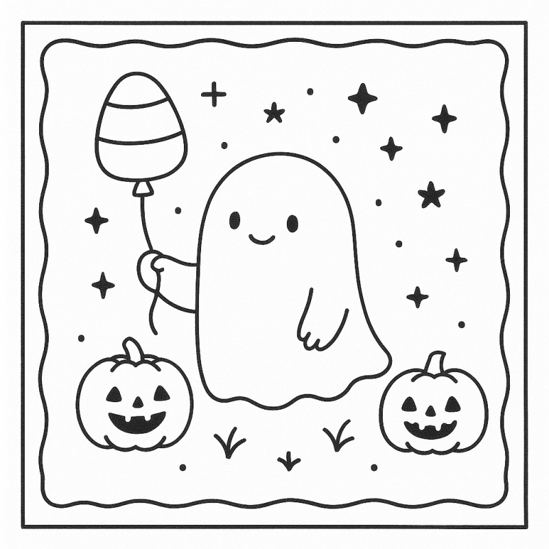 Desenho de Fantasminha Sorridente com Balão para Colorir