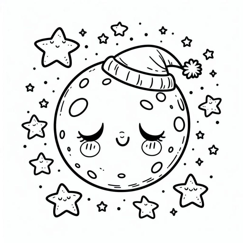 Desenho para colorir de uma lua sorridente com estrelas ao redor