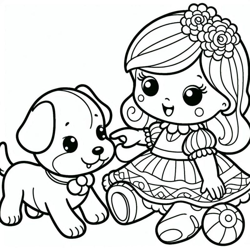 Desenho de uma boneca encantadora interagindo com um cachorro filhote para colorir