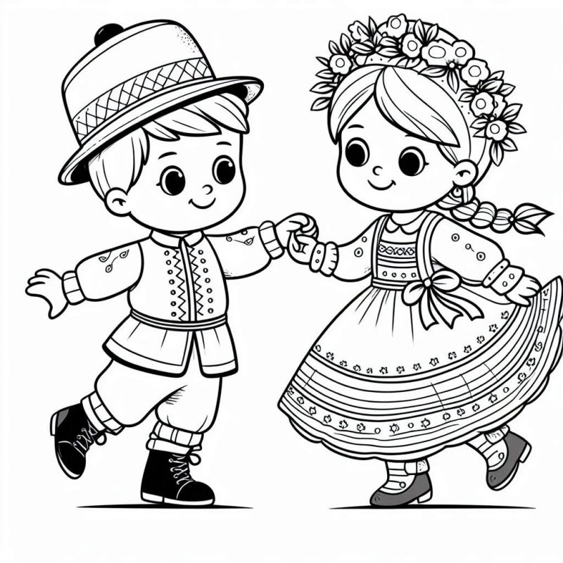 Desenho de cena folclórica com menino e menina dançando em trajes típicos para colorir