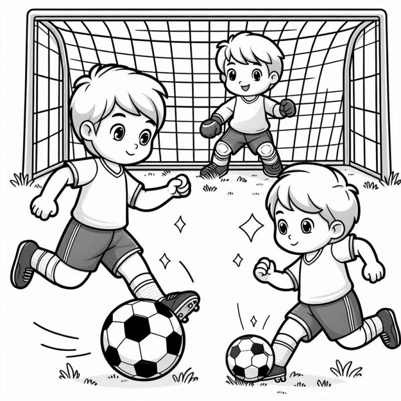 Desenho de crianças jogando futebol para colorir, estilo cartoon