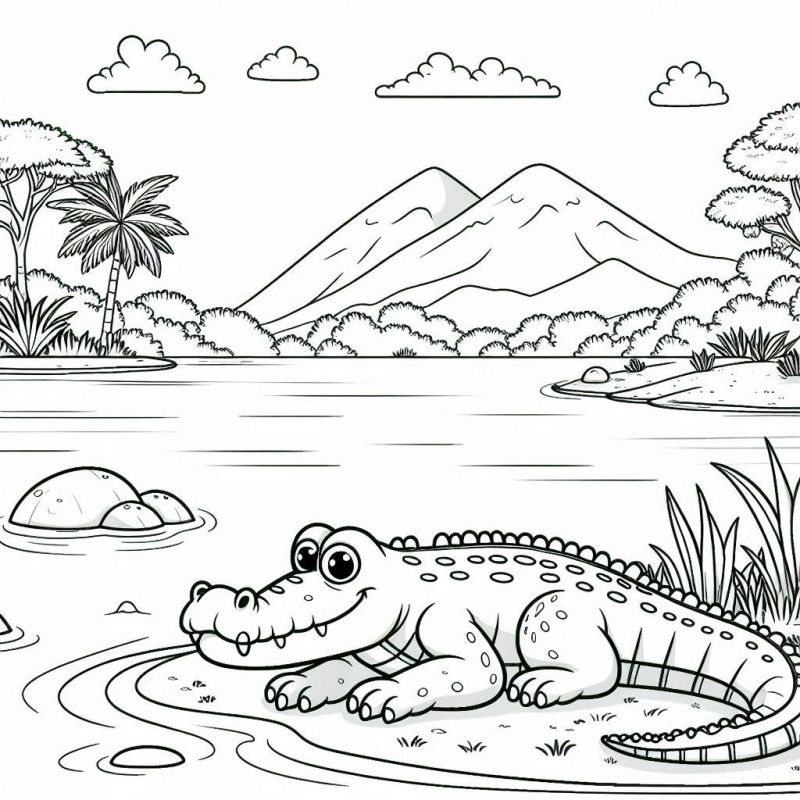 Desenho de um crocodilo sorridente em um ambiente natural africano para colorir