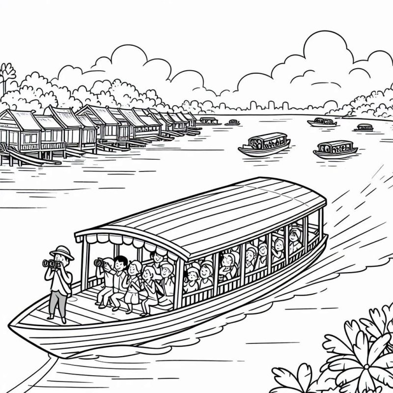 Desenho de Cenário Aquático com Barco Turístico para Colorir